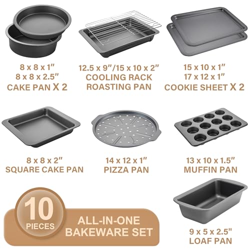 HONGBAKE Bakeware Sets, Baking Pans Set, Nonstick Oven Pan for Kitchen with Wider Grips, 10 Pieces Including Rack, Cookie Sheet, Cake Pans, Loaf Pan, Muffin Pan, Pizza Pan - Grey