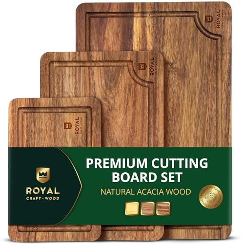 ROYAL CRAFT WOOD Wooden Cutting Boards for Kitchen Meal Prep & Serving - Bamboo Wood Serving Board Set with Deep Juice Groove Side Handles - Charcuterie & Chopping Butcher Block for Meat