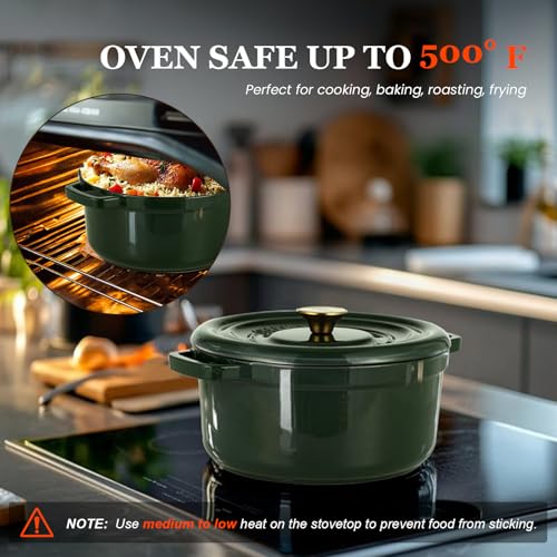 Overmont Enameled Cast Iron Dutch Oven - 5QT Pot with Lid Cookbook & Cotton Potholders - Heavy-Duty Cookware for Braising, Stews, Roasting, Sourdough Baking moss
