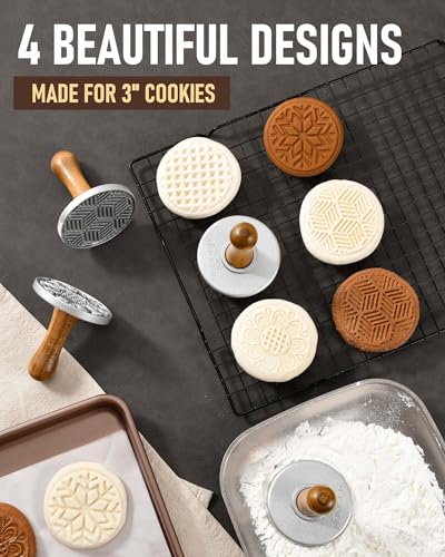 HULISEN Cookie Stamps Set of 4, Metal Cookie Press Mold with Wooden Handle, Decorating Supplies for DIY Baking, Cake, Pastry, Easy to Use, Gift Package
