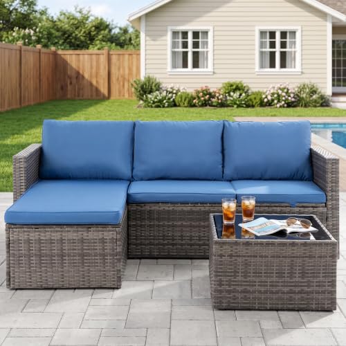 Patio Furniture Set 4 Pcs Outdoor Sectional Sofa Set with Cushion, Blue