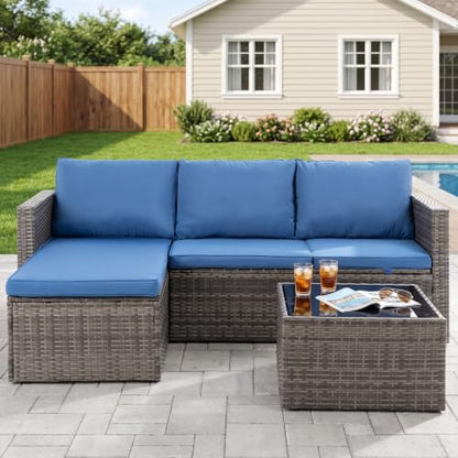 Patio Furniture Set 4 Pcs Outdoor Sectional Sofa Set with Cushion, Blue