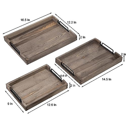 VERGOODR Country Rustic Torched Wood Nesting Breakfast Serving Trays with Handles, Set of 3 (Dark Grey)