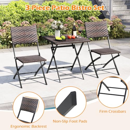 Tangkula 3 Piece Outdoor Folding Bistro Set, Mix Brown