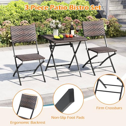 Tangkula 3 Piece Outdoor Folding Bistro Set, Mix Brown