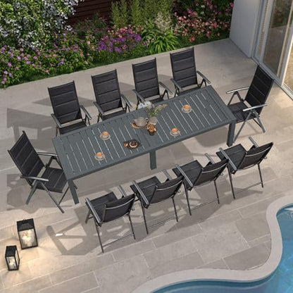 PURPLE LEAF Outdoor Dining Set for 11 Folding Patio Dining Set with Aluminum Rectangular Table and Padded Chairs All Weather Dining Table Sets for Garden Backyard Poolside, Black