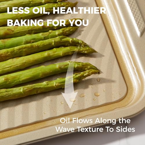 HONGBAKE 9-Piece Nonstick Bakeware Set, Wave Texture for Easy Release, 0.8mm Thick Non-Toxic Baking Pans Set, Includes Stackable Cookie Sheets, Antique Gold