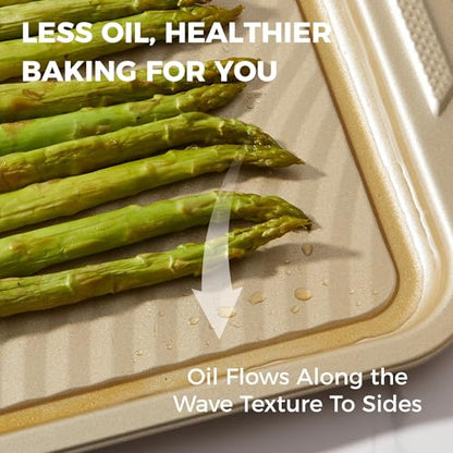 HONGBAKE 9-Piece Nonstick Bakeware Set, Wave Texture for Easy Release, 0.8mm Thick Non-Toxic Baking Pans Set, Includes Stackable Cookie Sheets, Antique Gold
