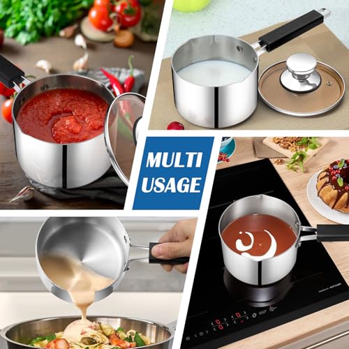 P&P CHEF 1 Quart Sauce Pan and Pot with Lid, Tri-Ply Stainless Steel Saucepan Cookware for Induction & Multi Stoves, Heat-proof Handle & Visible Glass Lid, Dishwasher Safe