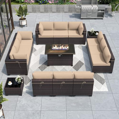 ALAULM Patio Furniture Set with Fire Pit Table 55000 BTU, Outdoor Sectional with Wide Seat and Thick Cushion, 15 Piece Wicker Rattan Conversation Set with Coffee Table for Garden, Deck, Sand