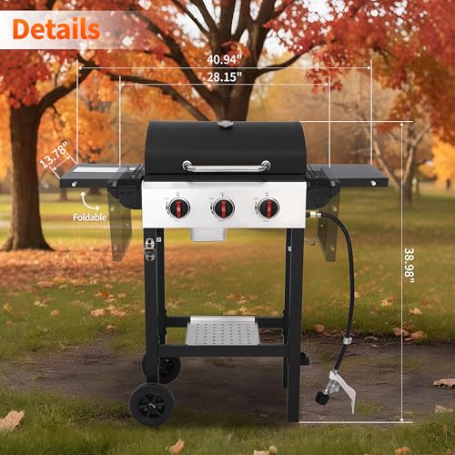 IdeaMaxx 3-Burner Propane Gas Grill with Cast Iron Grates, 38200 BTU output,Foldable Side Shelves for Portable Outdoor Patio Camping, Black (3 Burner)