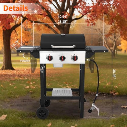 IdeaMaxx 3-Burner Propane Gas Grill with Cast Iron Grates, 38200 BTU output,Foldable Side Shelves for Portable Outdoor Patio Camping, Black (3 Burner)