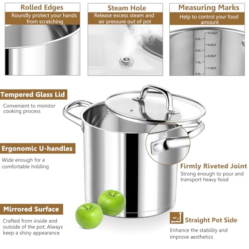P&P CHEF 10 QT Stock Pot with Lid, Stainless Steel Large Cooking Pot, Soup Canning Stockpot for Stewing Simmering, Tri-ply Bottom for All Stoves, Heavy-Duty &Dishwasher Safe & Food-Grade