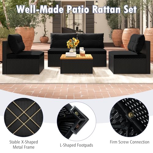 Tangkula 5 Pieces Wicker Patio Furniture Set, Outdoor 4 Armless Rattan Sofa & Coffee Table Set, with Cushions, Acacia Wood Tabletop, Sectional Patio Conversation Set for Lawn, Yard, Poolside, Black