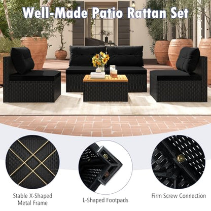 Tangkula 5 Pieces Wicker Patio Furniture Set, Outdoor 4 Armless Rattan Sofa & Coffee Table Set, with Cushions, Acacia Wood Tabletop, Sectional Patio Conversation Set for Lawn, Yard, Poolside, Black