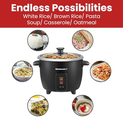 Elite Gourmet ERC003BX Electric Rice Cooker with Automatic Keep Warm Makes Soups, Stews, Grains, Hot Cereals, 6 Cups Cooked (3 Cups Uncooked), Black