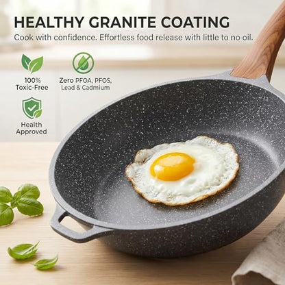 YASHE 12 Inch Nonstick Saute Pan with Glass Lid, 5 QT Large Deep Skillet & Frying Pan, Healthy Granite Stone Cookware for Family, One Pan Replaces Five, Induction Compatible, PFOA Free