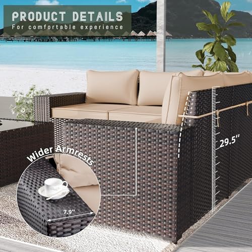 RTDTD 12 PCS Outdoor Patio Furniture Set,Outdoor Sectional Furniture All Weather PE Rattan Wicker Patio Conversation Set with 2 Coffee Tables and 10 Thickened Cushions,Sand