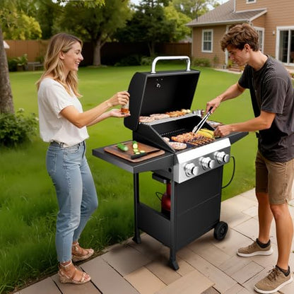 Bonnlo 3 Burners Portable Gas Grill with Enameled Cast Iron Grates, Powerful 36,000 BTU Propane Grill with Side Shelf & Bottom Cabinet, Outdoor Grill with Wheels for Patio Backyard Garden BBQ Use