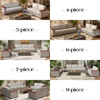 PaPaJet Outdoor Patio Sofa, 3 Seat Wicker Couch with Solid Armrests & Legs, 4.7" Thickened Removable Cushions, UV-Resistant Modular Sofa for Porch, Backyard, Garden