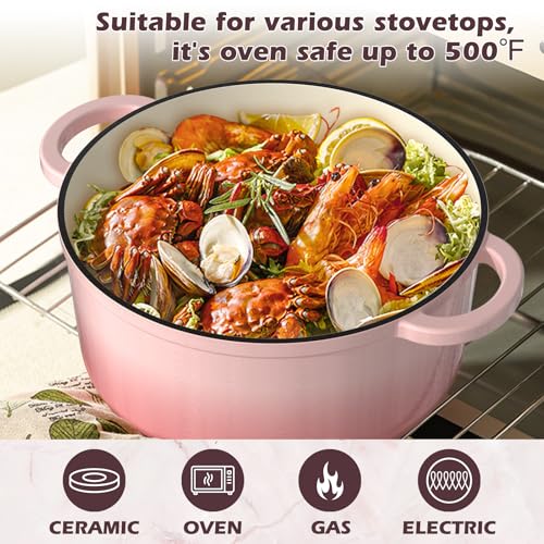 Umite Chef 5QT Enameled Cast Iron Dutch Oven Pot with Lid, Heavy-Duty Cookware for Bread Baking, Braising, Stews, Roasting, Wedding Registry Ideas & Gifts (Pink)