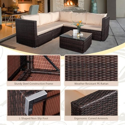 HOMEZILLIONS 6 Piece Outdoor Patio Furniture Sets, Modular Wicker Sectional Patio Furniture with Tempered Glass Coffee Table, Outdoor Sectional Sofa Set for Backyard, Poolside, Deck