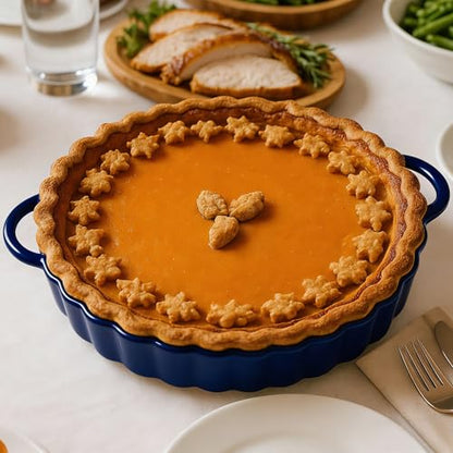 Yamteck 10×2in Deep Ceramic Pie Pan with Handles for Pie Quiche Tart Baking. Easy to grip, Lead-Free. Casserole Lasagna Dish for Thanksgiving Christmas Gift. Oven Microwave Dishwasher Safe. Blue
