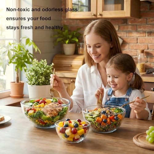 BECFISH Borosilicate Glass Mixing Bowls, Set of 3 (2.8, 2.2, 1.1QT) - Heavy-Duty, Scratch Resistant & Lead-Free. Oven, Microwave, Dishwasher & Freezer Safe. Ideal for Meal Prep, Baking, Serving.