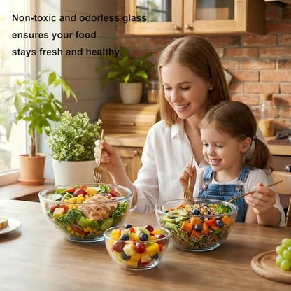 BECFISH Borosilicate Glass Mixing Bowls, Set of 3 (2.8, 2.2, 1.1QT) - Heavy-Duty, Scratch Resistant & Lead-Free. Oven, Microwave, Dishwasher & Freezer Safe. Ideal for Meal Prep, Baking, Serving.