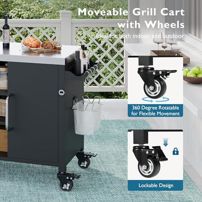 JIJIWANG 55.5" Outdoor Kitchen Island with Stainless Steel Sink, Outdoor Bar Cart Sink Station with 4 Lockable Wheel for Pizza Prep & BBQ Black