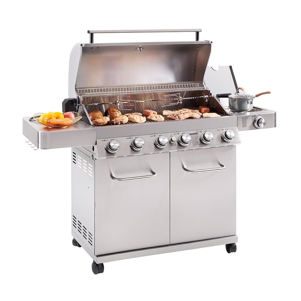 Monument Grills 77352 6-Burner Stainless Steel Cabinet Style Propane Gas Grill with Knob Controls, Built-In Thermometer with BBQ Cover(2 Items)