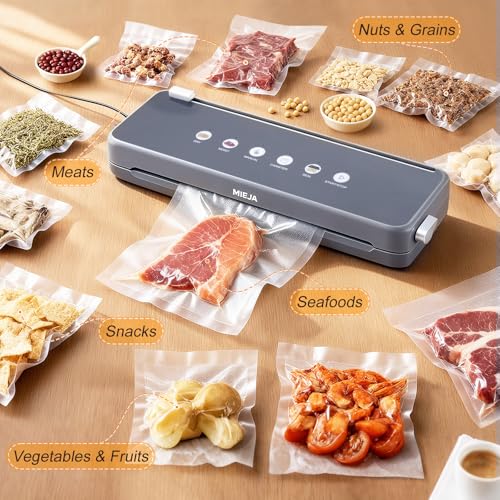 Mieja Food Vacuum Sealer Machine, 5-in-1 Dry & Moist Modes Automatic One-Touch Sealer with Built-in Cutter, External Hose for Jars, 20 BPA-Free Bags, Compact for Sous Vide, Meal Prep & Freezer Storage