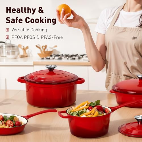 DishDelight Enameled Cast Iron Cookware Set, 7 Piece Induction Dutch Oven Set with Lid, Red Pots and Pans Set Nonstick, PFOA&PFAS Free