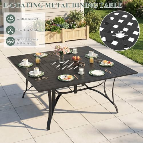 DSNAPE 9 Pieces Patio Table and Chairs Set, 59.6" Square Dining Table with Umbrella Hole, 8 High Back Textilene Swivel Chairs,Dining Table Set for 8,Outdoor Furniture for Porch Deck Yard Balcony, Grey