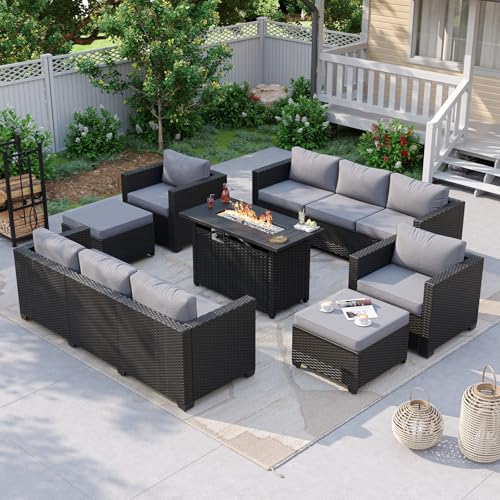 Aoxun 7 Piece Patio Furniture Set with Fire Pit Table, 10 Seats Outdoor Furniture Set with Wicker Ottomans, Rattan Outdoor Sectional Sofa with Thickened Cushion & Waterproof Cover Grey