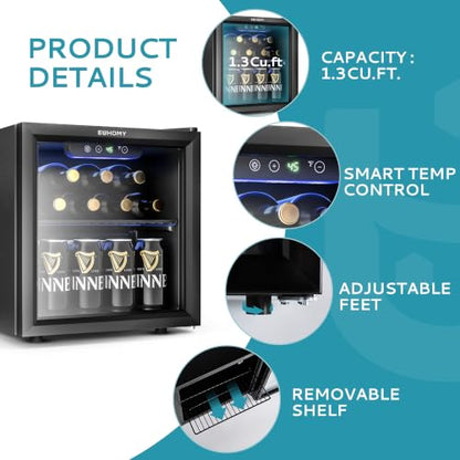 EUHOMY 12 Bottle 48 Can Mini Fridge, Beverage Refrigerator with Glass Door