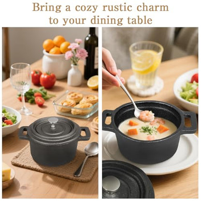 UCEHIPAW 6 Pcs Mini Dutch Oven with Lids and Dual Handles Round Small Iron Cocotte Pot Black Cast Iron Pot for Marinate Bake Refrigerate Cook Grill Garlic Roaster BBQ Stovetop Use (8 oz)