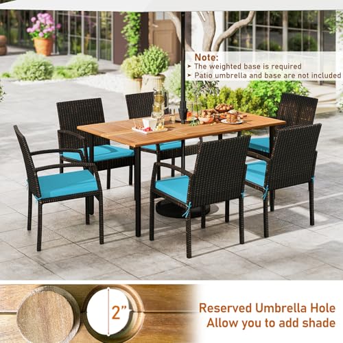 Tangkula 7 Pieces Outdoor Dining Set, Patio Acacia Wood Table and PE Rattan Chairs with Soft Cushions and 2” Umbrella Hole for Deck, Garden and Backyard
