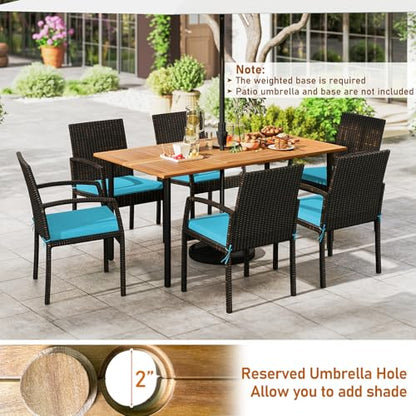 Tangkula 7 Pieces Outdoor Dining Set, Patio Acacia Wood Table and PE Rattan Chairs with Soft Cushions and 2” Umbrella Hole for Deck, Garden and Backyard