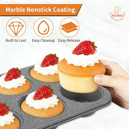 Barlket 2 Pack Jumbo Muffin Pan, 6 Cup Large Cupcake Pan with Speckled Granite Coating and Paper Liners, Professional Nonstick Carbon Steel Muffin Tin for Baking Muffins Frittatas Cupcakes, Grey