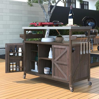 YeahFurn 50" Outdoor Grill Cart with Storage, Solid Fir Wood Grill Prep Table, Rolling Outdoor Cooking Station with Stainless Steel Top, Brown