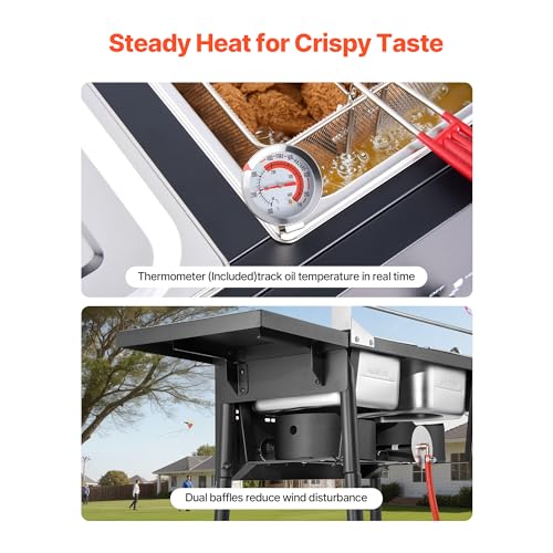 VEVOR Outdoor Propane Deep Fryer, Double Burners Commercial Fryer, 16 Qt Stainless Steel Cooker with Removable Baskets & Lids & Tanks, Oil Fryer Cart with Thermometer & Regulator, For Outdoor Cooking