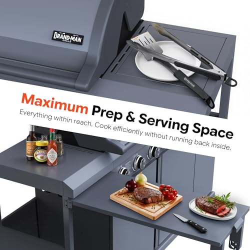 Brand-Man 6-Burner Gas Outdoor Kitchen Grill Island with Side Burner - 72,000 BTU Stainless Steel BBQ Grill Station with Storage Cabinets, Fold-out Prep Table, LPG/NG Convertible, Gray