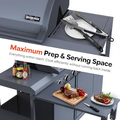 Brand-Man 6-Burner Gas Outdoor Kitchen Grill Island with Side Burner - 72,000 BTU Stainless Steel BBQ Grill Station with Storage Cabinets, Fold-out Prep Table, LPG/NG Convertible, Gray