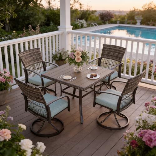 Pamapic 5-Piece Outdoor Dining Set with Swivel Chairs, Rattan Patio Furniture for Backyard, Deck, Garden, Weather-Resistant Iron Slats Table & 4 Chairs with Removable Cushions (Green)
