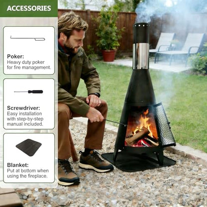 Steladomus Chiminea Outdoor Fireplace for Patio with Fire Mat and Poker, 3.6ft Small Chimneas Portable for Backyard, Deck, Camping and Beach chiminea fire Pit