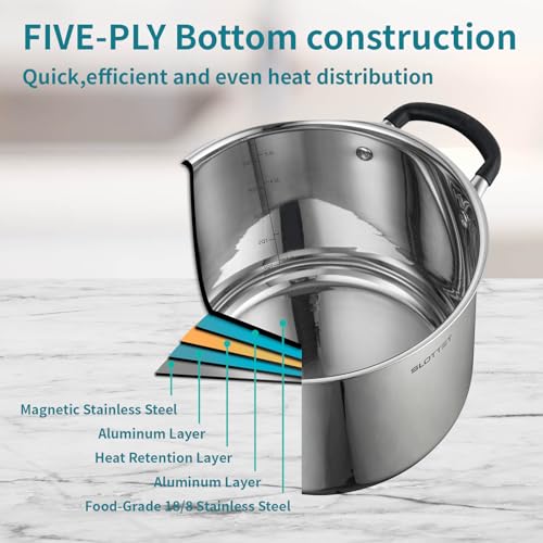 SLOTTET Stainless Steel 8 Quart Stock Pot with Steamer,8 Qt Deep Soup Pot for cooking,Multipurpose Stockpot with silicone Stay-cool Handle.Dishwasher and Oven Safe,Induction Stainless Steel Cookware