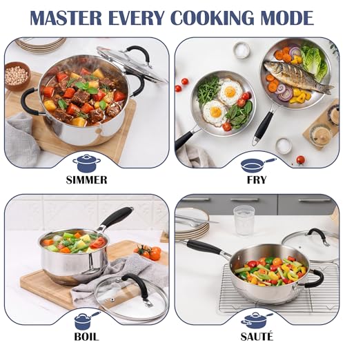 E-far 10-Piece Stainless Steel Cookware Set - Induction Tri-Ply Base Pots and Pans, Non-Toxic Kitchen Cooking Set w/Stay-Cool Handle, Frying Pans, Saucepans, Stockpot with lid, Oven & Dishwasher Safe