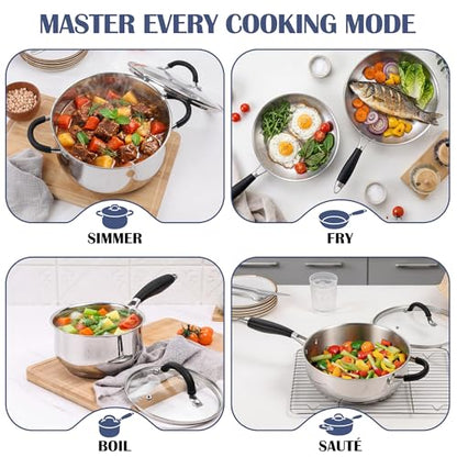 E-far 10-Piece Stainless Steel Cookware Set - Induction Tri-Ply Base Pots and Pans, Non-Toxic Kitchen Cooking Set w/Stay-Cool Handle, Frying Pans, Saucepans, Stockpot with lid, Oven & Dishwasher Safe