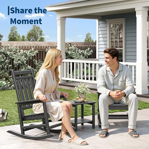 Garvee HDPE Rocking Chair Outdoor Set of 2 with Side Table - Poly High Back Porch Rocker Chairs for Adults - All Weather Resistant Furniture for Patio Front Porch - Black